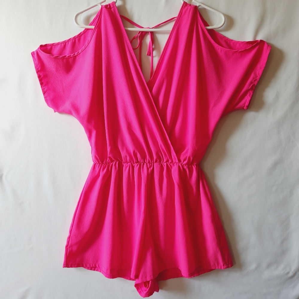 Pink Cold-Shoulder Tie Back Shorts Romper